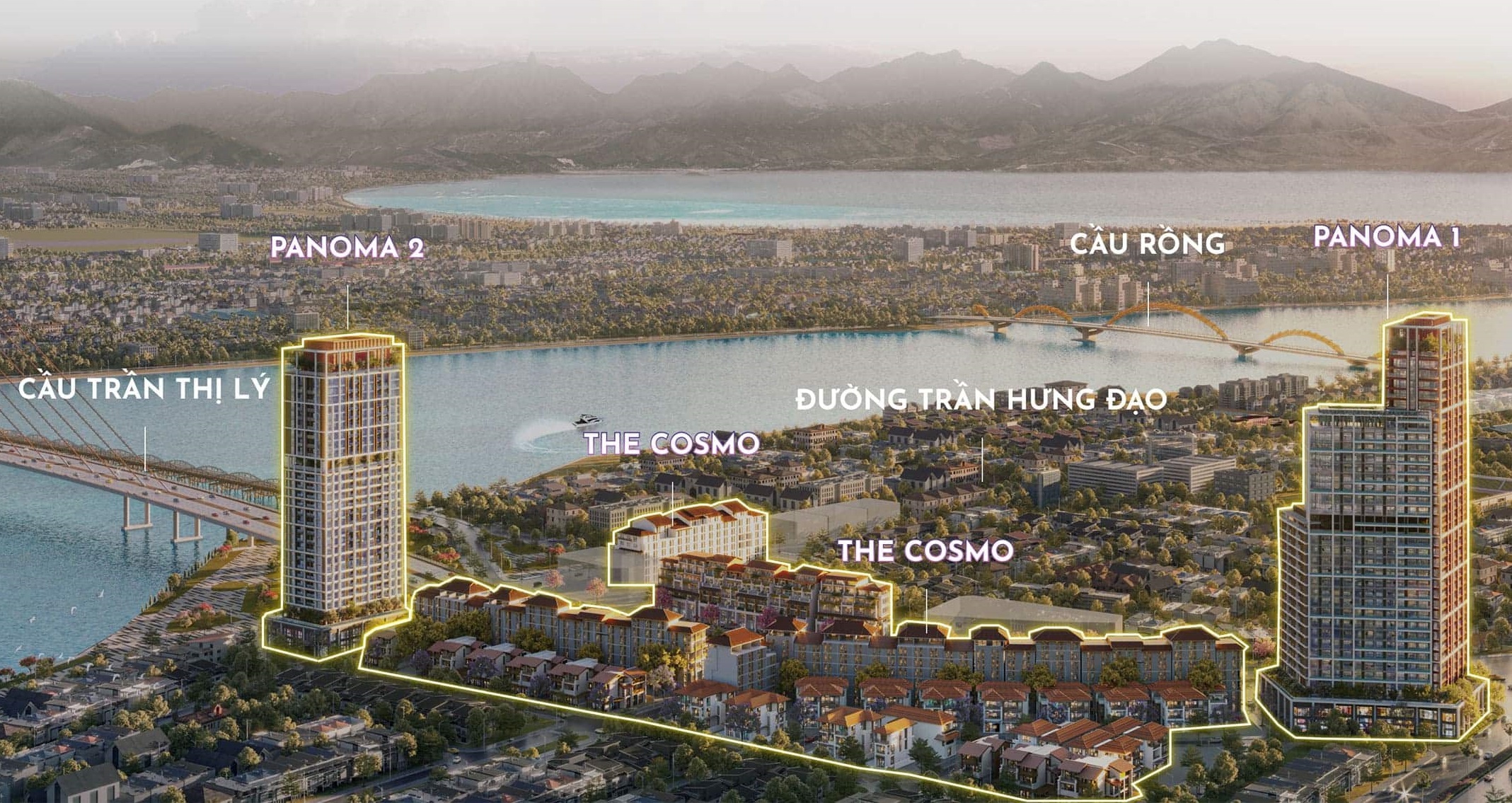 Dự án Sun Cosmo Residence gồm 2 phân khu The Panoma(Tòa P1 và Tòa P2) và The Cosmo(Shophouse và Biệt Thự)