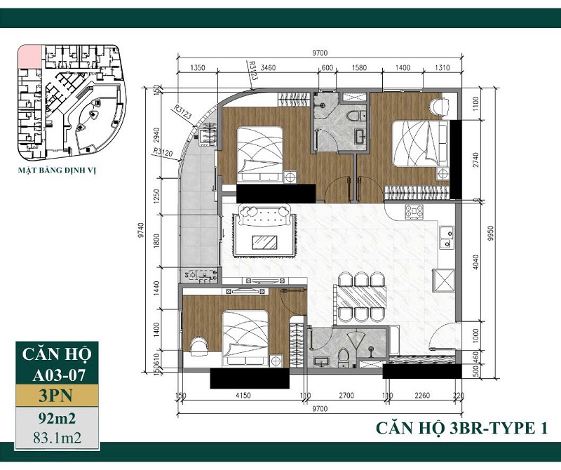Layout căn hộ 3PN