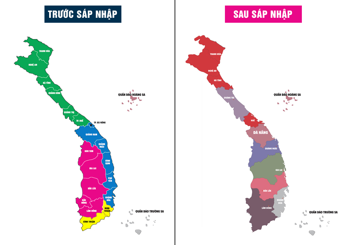 Bản đồ các tỉnh miền Trung trước và sau khi sáp nhập