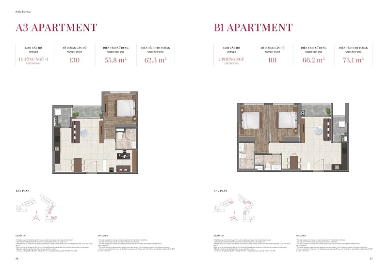 Layout thiết kế căn hộ 1phòng ngủ + và 2 phòng ngủ mẫu A3 - B1 có diện tích 72m2 - 73m2 tại dự án Setia Edenia Lái Thiêu