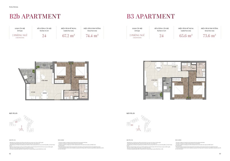 Layout thiết kế căn hộ 2 phòng ngủ mẫu B2b - B3 có diện tích 73m2 - 74m2 tại dự án Setia Edenia Lái Thiêu