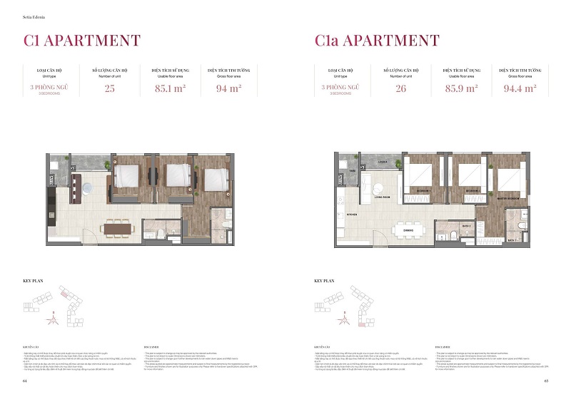 Layout thiết kế căn hộ 3 phòng ngủ mẫu C1 - C1a có diện tích 73m2 - 74m2 tại dự án Setia Edenia Lái Thiêu