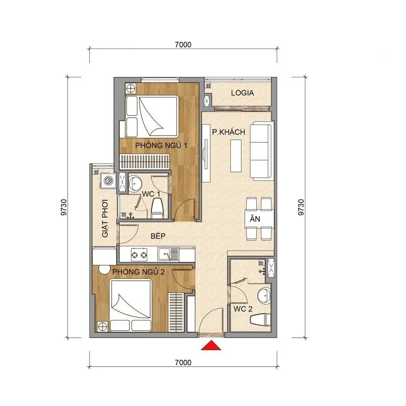 Thiết kế căn 2PN 65,2 m²