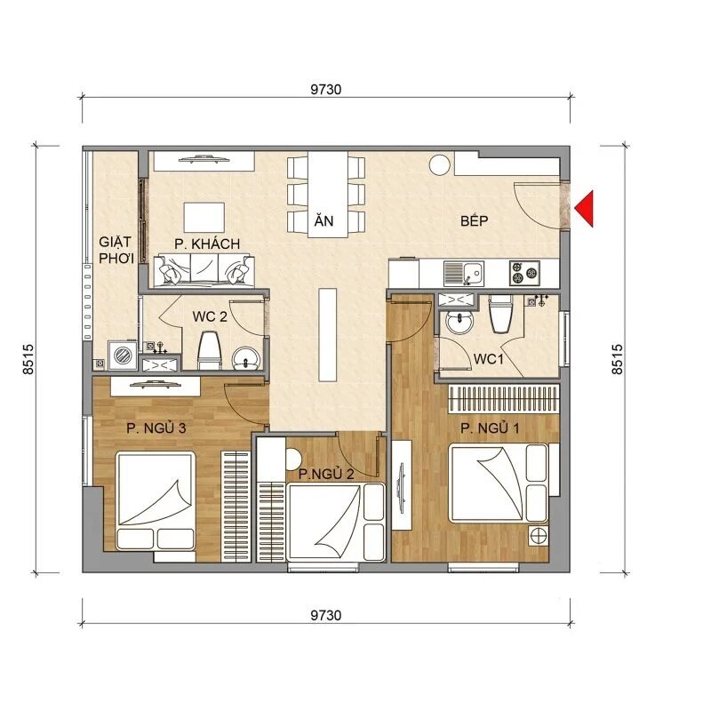 Thiết kế căn 3PN diện tích 82,8 m²
