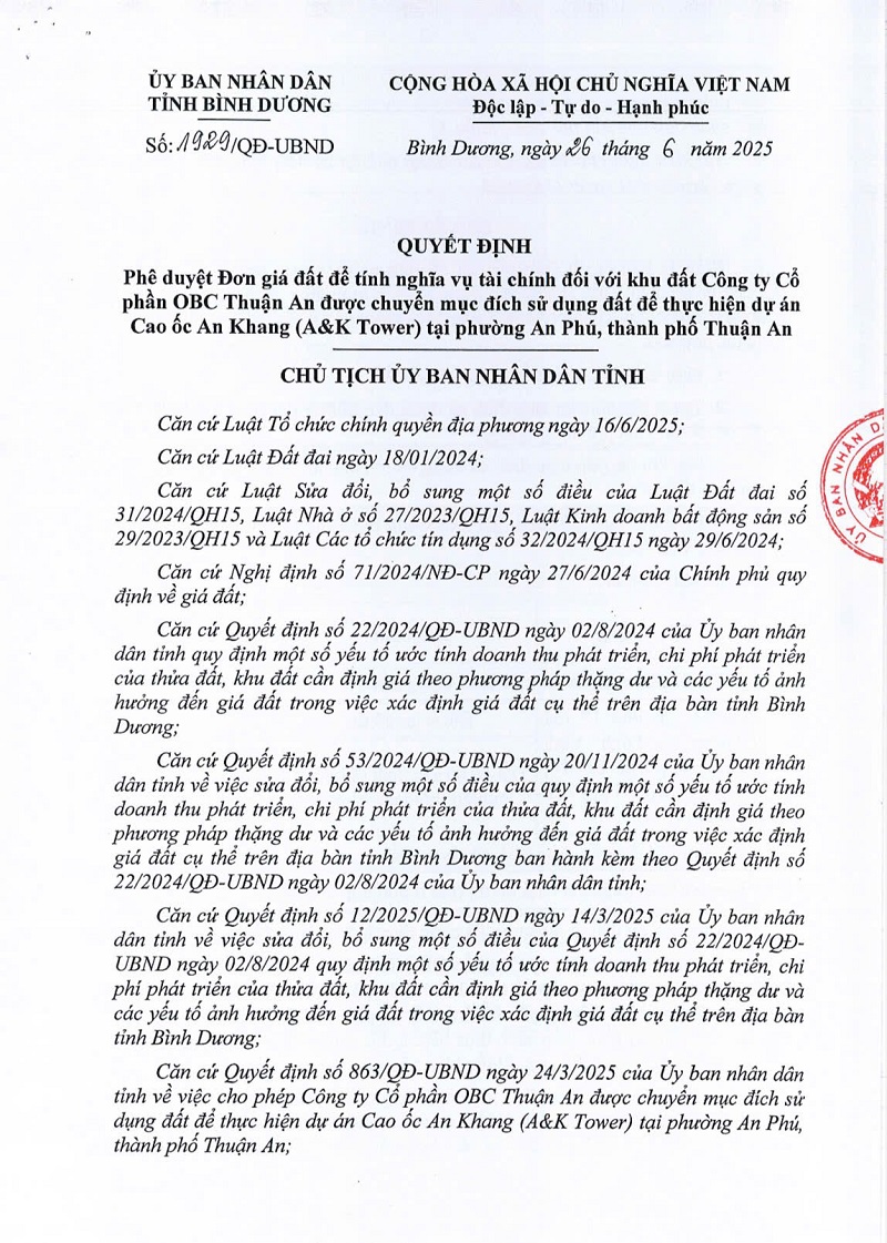 Phê duyệt bảng giá đất dự án A&K
