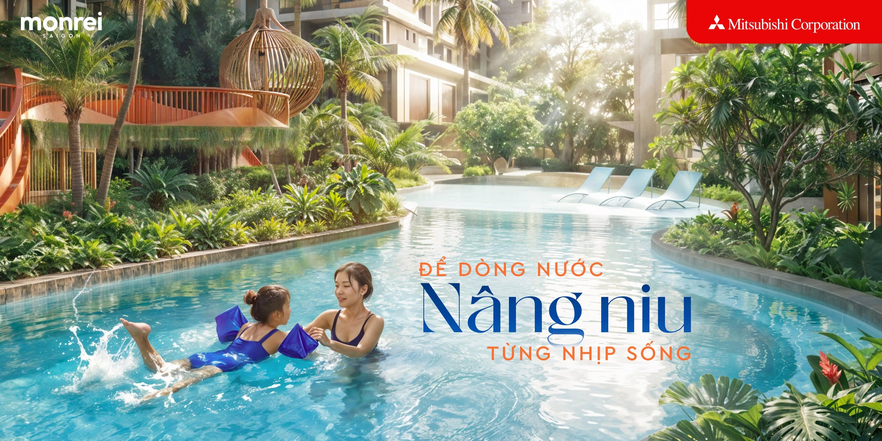 May be an image of swimming, pool and text that says 'monrei မျု CAICONY o Mitsubishi MitsubishiCurporation Corporation ĐỂ DÒNG NƯỚC Nâng niu TỪNG NHỊP SỐNG'